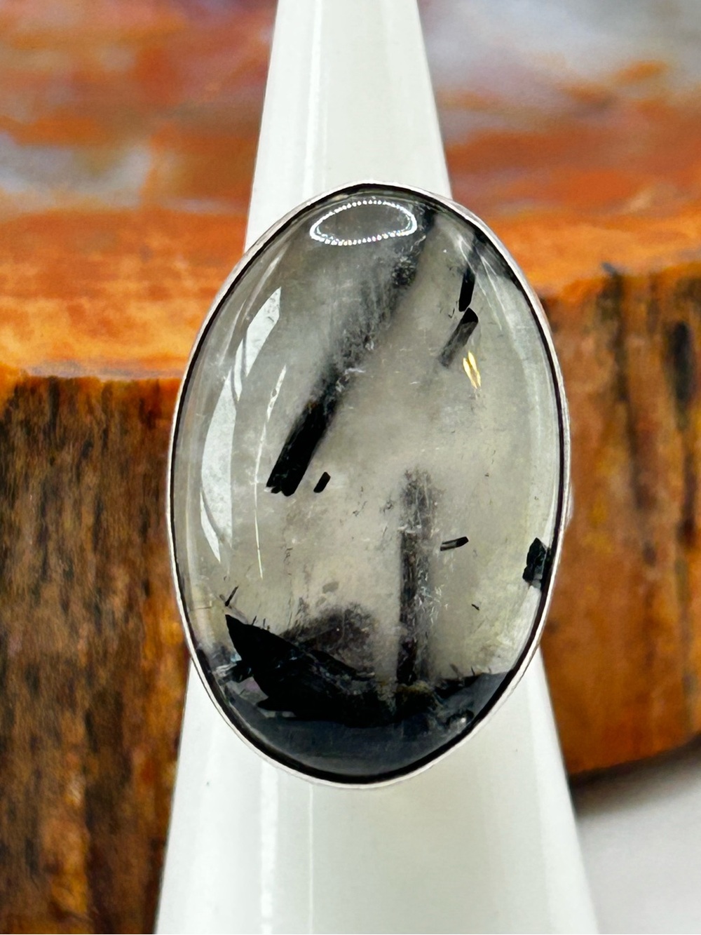Black Tourmalinated Quartz Ring, Sterling Silver - Size 6